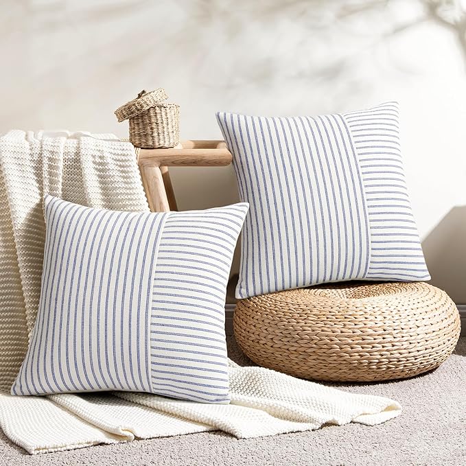 YCOLL Farmhouse Pillow Covers 22x22, Modern Accent Square Throw Pillow Covers Set of 2, Blue and Beige Striped Patchwork Linen Decorative Pillows Cushion Covers for Couch Chair