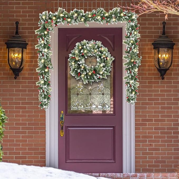 9ft Christmas Garland with Lights,Lighted Artificial Flowering Pine Garland for Mantle,Prelit Faux Green Christmas Winter Garland with Pine Cones and Red Berry for Indoor Outdoor Decor