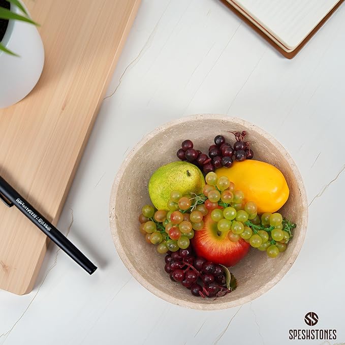 Marble Fruit Bowl 10 Inch Handmade Large Decorative Bowl for kitchen Counter - Modern Travertine Serving Dish for Fruits & Snacks - Pedestal Bowls for Dining Room & Coffee Table Decor
