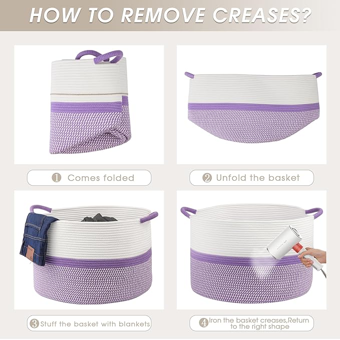 Laundry Basket,20''x13''Large Woven Cotton Rope Storage Basket,Nursery Laundry Hamper,Blanket Basket for Living Room;Kids hamper,Multi-Purpose Organizer for Laundry,Toys(White and Purple)