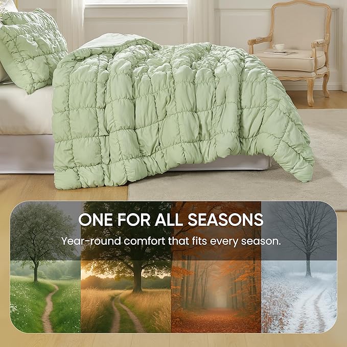 Amelie Home Sage Green Bubble Comforter Set Queen Size, 3 Pieces Ultra Soft Cozy Bedding Set for All Seasons, Farmhouse Luxury Gift for Women Home Decor, 90 x 90 inches