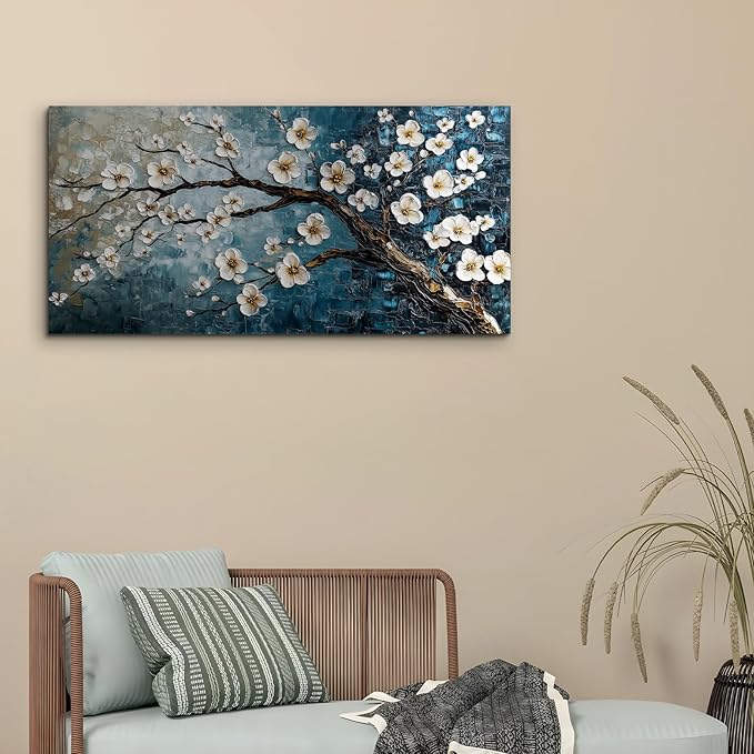 crmotu Plum Blossom Wall Art, Japanese Flower Canvas Large Artwork, Teal Blue Tree Trunk Oil Paintings Prints, Modern Aesthetic Pictures Wall Decor Living Room Bedroom Home Office 20X40 Inches