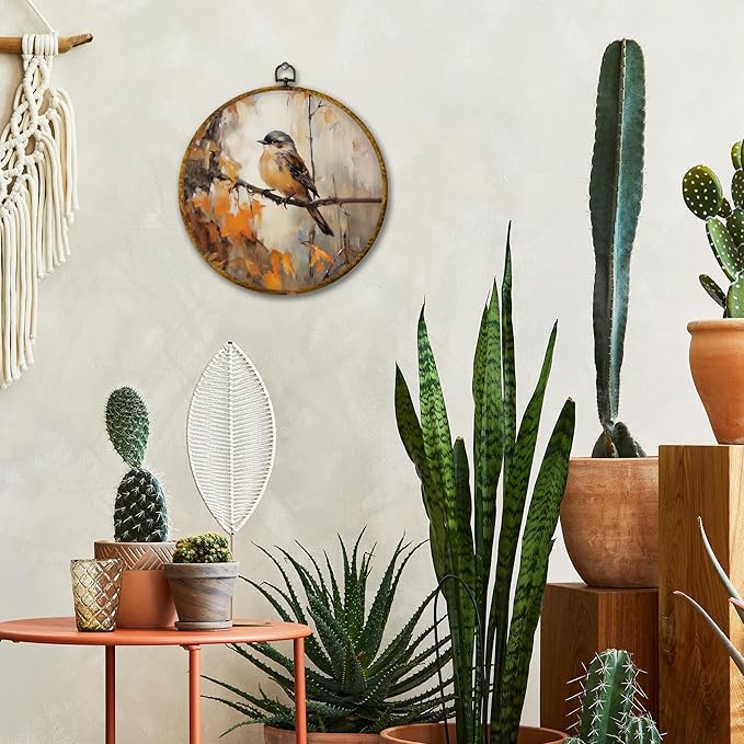 Mcehtle Vintage Fall Bird Wall Art Decor, Rustic Autumn Bird on Branch Framed Canvas Prints 10x10, Retro Thanksgiving Farmhouse Round Wall Hanging Artwork Decorations for Home Bedroom Gallery