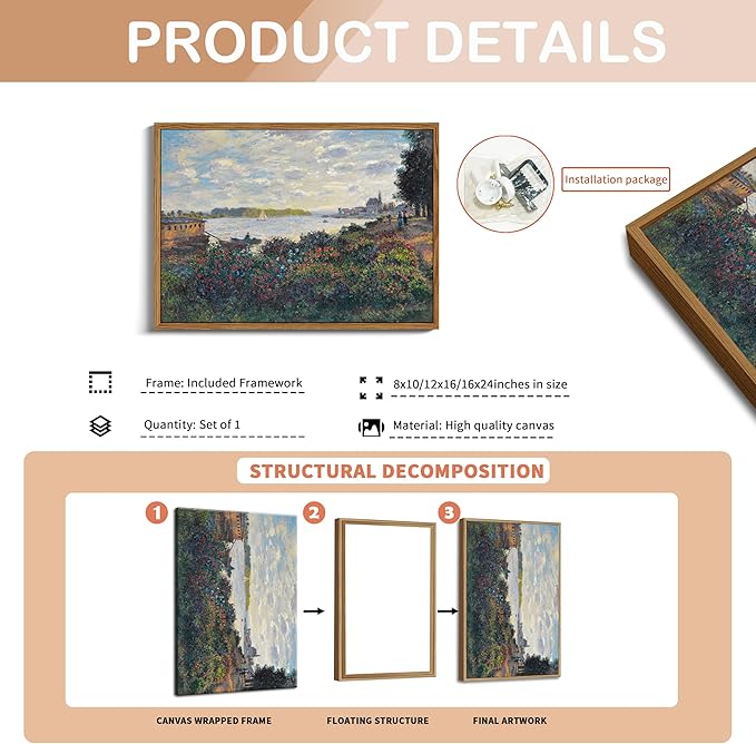 Framed Claude Monet Wall Art – Vintage Landscape Painting Wall Decor, Impressionist Living Room Wall Art, Classic Aesthetic Canvas Prints for Bedroom Kitchen Bathroom – 12"x16"