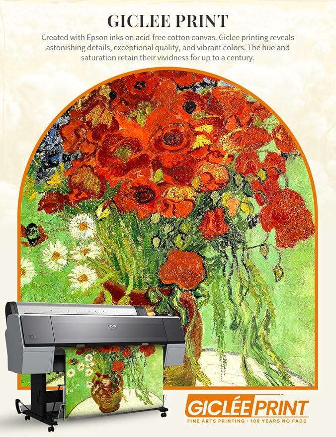 DECORARTS - Red Poppies and Daisies by Vincent van Gogh, Museum-Quality Giclee Canvas Print with Silver Solid Wood Frame, 34.75 x 28.75 in, Ready to Hang, Made in USA