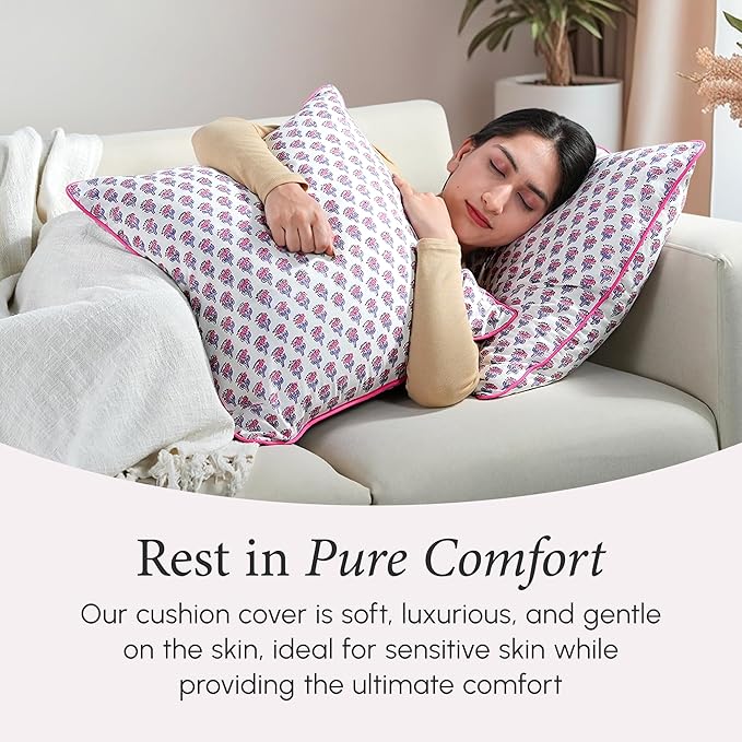 CPC 100% Cotton Throw Pillow Covers 24x24 Inch, Set of 2 Pink Block Print Pattern Couch Pillow, Cute Boho Decorative Pillows for Living Room, Bedroom with Hidden Zipper- Pink Sapphire