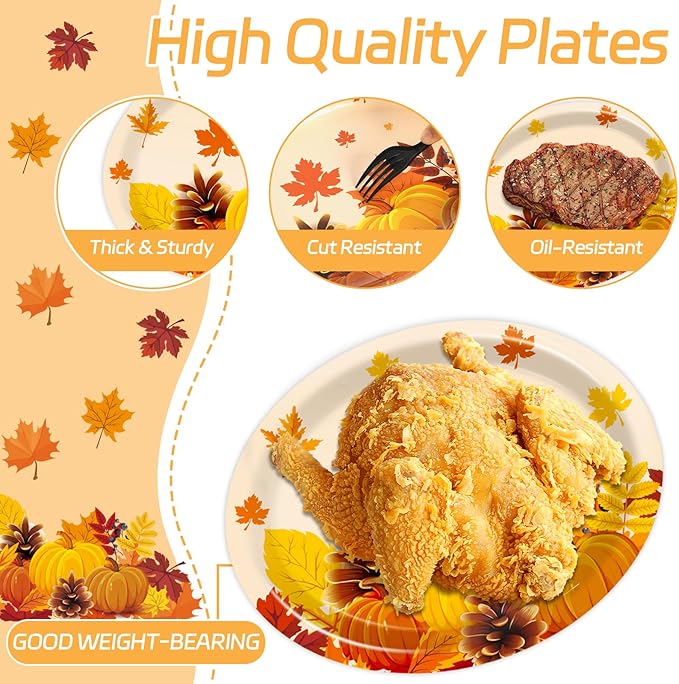 Fall Party Oval Paper Plates 11inch Large Thanksgiving Maple Leaves Plates and Napkins, Gold Foil Fall Party Decoration Favor Dish Tray for Autumn Holiday Gathering Supplies Tableware, 25 Guest