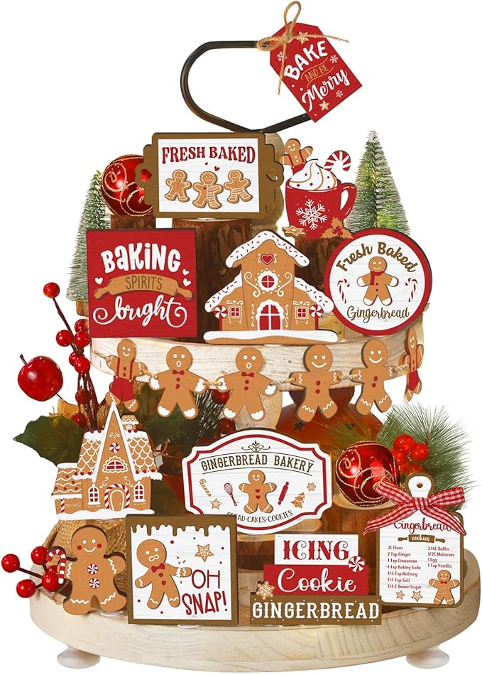 17 Pcs Christmas Tiered Tray Decor Set Winter Tiered Tray Decorations Farmhouse Tabletop Centerpiece Christmas Wooden 3D Sign for Xmas Home Buffalo Plaid Rustic Table Decoration(Gingerbread)