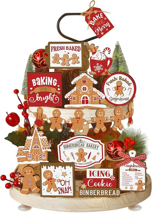 17 Pcs Christmas Tiered Tray Decor Set Winter Tiered Tray Decorations Farmhouse Tabletop Centerpiece Christmas Wooden 3D Sign for Xmas Home Buffalo Plaid Rustic Table Decoration(Gingerbread)