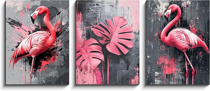 NAN Wind 3PCS Pink Flamingo Wall Art Modern Tropical Monstera Leaves Canvas Print Palm Leaf Bird Wall Decor Contemporary Botanical Print Nature-Inspired Artwork Living Room Decor Bedroom Home Office