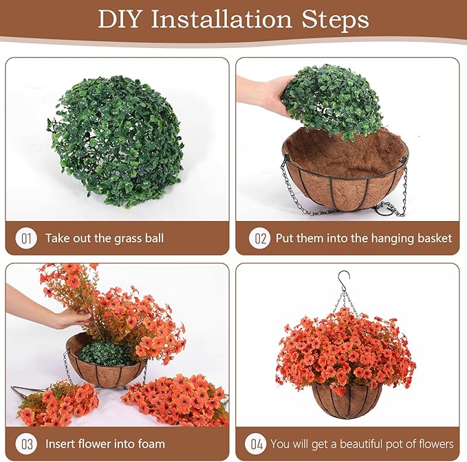 Hananona 24 Pcs Artficial Outdoor Flowers with Hanging Baskets, Orange Fall mums 2 Pack Hanging Planter with Outdoor Fall Flowers for Autumn Porch Garden and Home Patio Yard Decor (2, Orange)