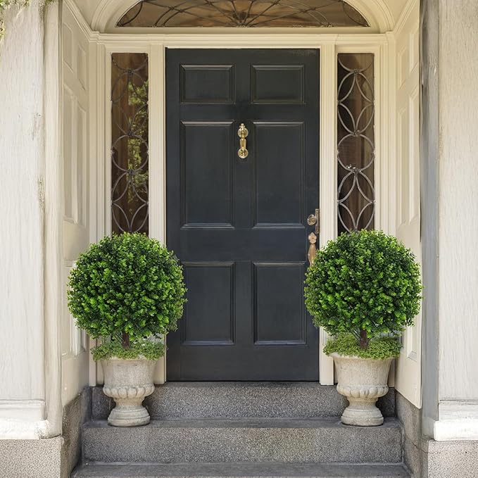 Set of 2 Artificial Boxwood Topiary Ball Bush for Outdoor with Ground Spike 22", UV Resistant Faux Greenery Shrubs, Fake Green Boxwood Plants for Indoor, Garden, Yard, Porch, Patio Decor