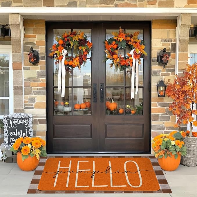 Fall Pumpkin Welcome Doormat 30x17 Inch Hello Pumpkin Front Door Mat Indoor Outdoor Entrance Floor Mats Non-Slip Washable Seasonal Autumn Thanksgiving Home Decor Rugs