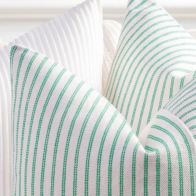YCOLL Farmhouse Pillow Covers 12x20, Modern Accent Spring Throw Pillow Covers Set of 2, Green Striped Patchwork Linen Decorative Pillows Cushion Covers for Couch Bedroom Summer Home Decor