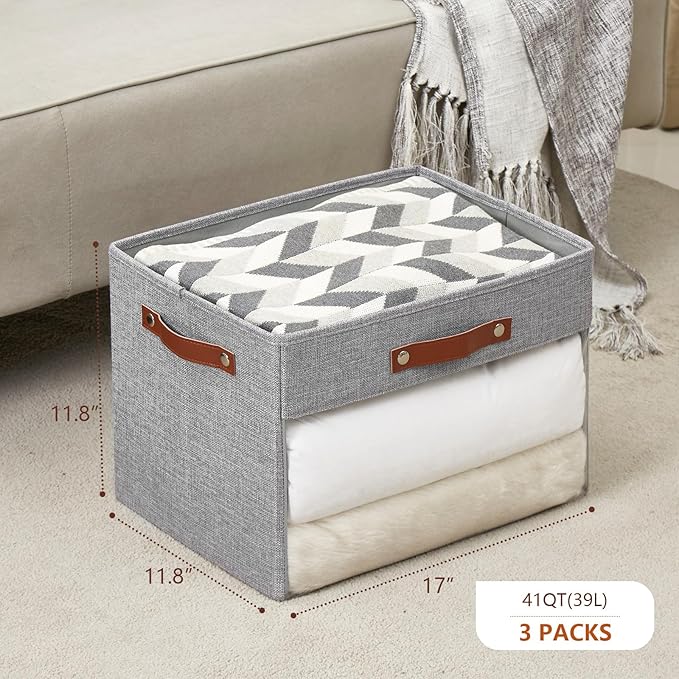 Extra Large Storage Baskets with Clear Window, See Through Closet Organizer with PU Handles, Linen Foldable Storage Bins for Organizing Clothes, Toys, Books (Gray)