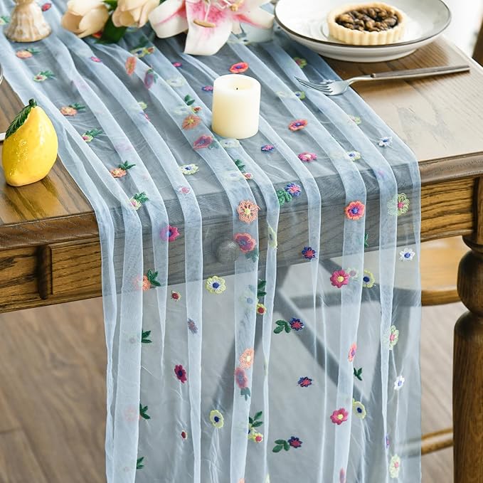Artoid Mode Blue Embroidery Daisy Gauze Table Runner 120 Inch 10FT, Seasonal Sheer Kitchen Dining Holiday Wedding Birthday Table Decor for Home Party