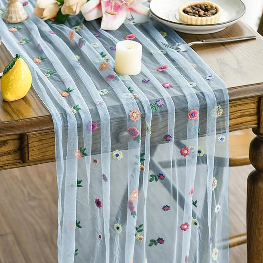 Artoid Mode Blue Embroidery Daisy Gauze Table Runner 120 Inch 10FT, Seasonal Sheer Kitchen Dining Holiday Wedding Birthday Table Decor for Home Party