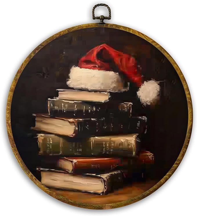 CUANFDDSF Vintage Christmas Book Round Wall Art Decor, Dark Moody Reading Bookish Wall Hanging Frame Decor, Antique Christmas Holiday Canvas Prints Decorations for Reading Room Library, 10x10 Inch