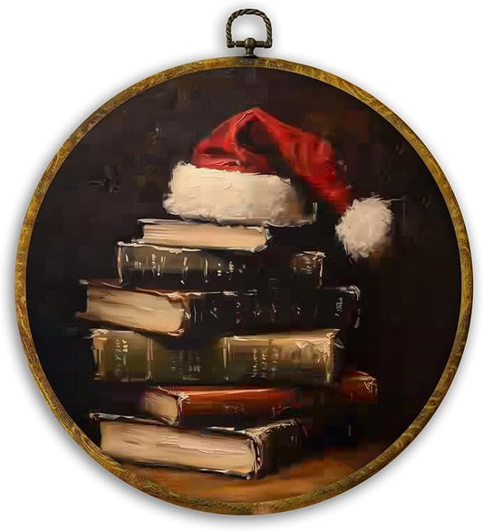 CUANFDDSF Vintage Christmas Book Round Wall Art Decor, Dark Moody Reading Bookish Wall Hanging Frame Decor, Antique Christmas Holiday Canvas Prints Decorations for Reading Room Library, 10x10 Inch