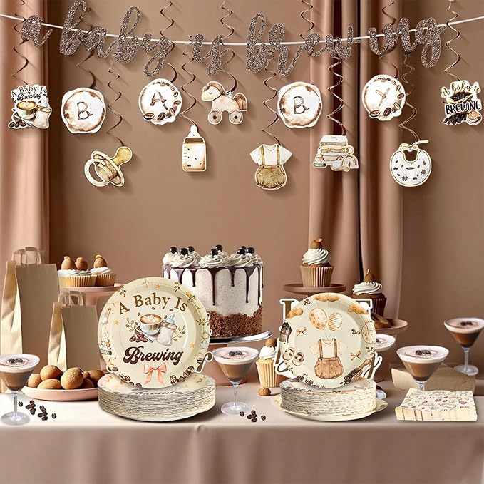 180Pcs Coffee Baby Shower Party Supplies Paper Plates and Napkins Serve 60 Disposable Tableware Set for A Baby is Brewing Baby Shower Decoration and Pregnancy Party