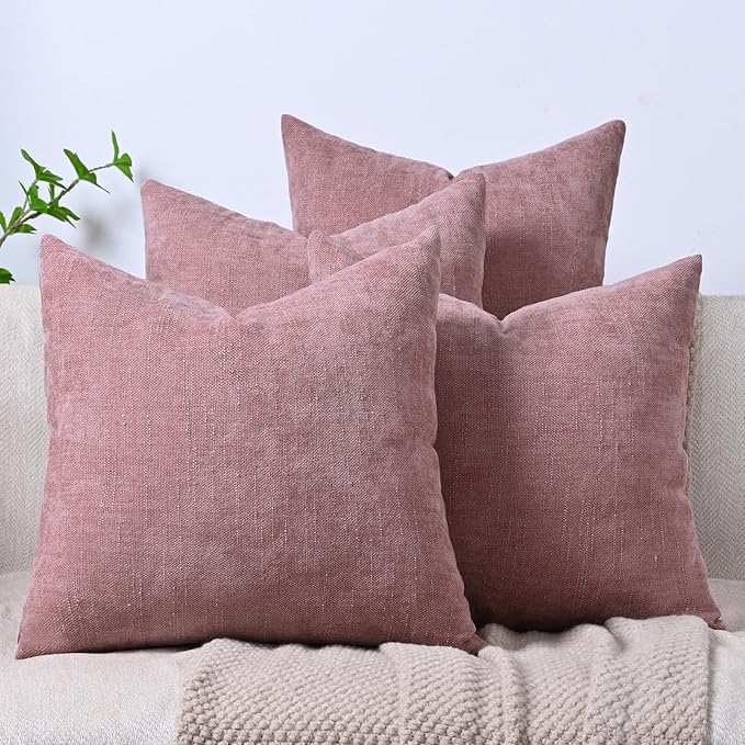 Set of 4 Soft Textured Decorative Throw Pillow Covers 24x24 Inch Cozy Farmhouse Cushion Cover Square Accent Pillow Cases for Bed Couch Sofa Living Room, Plum Pink