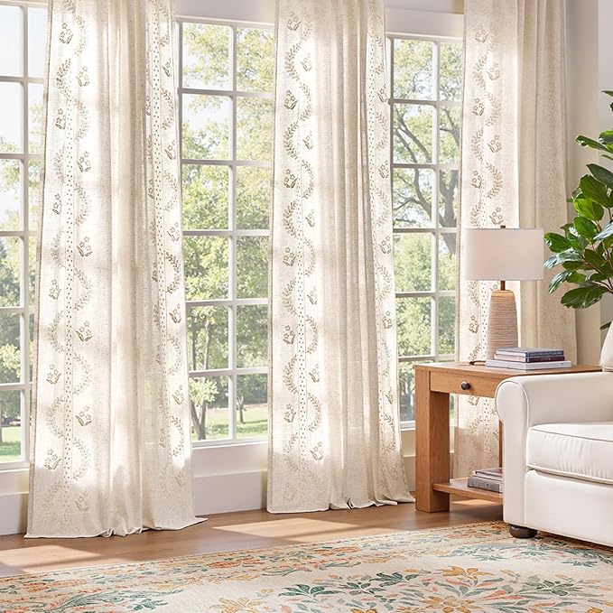 jinchan Belrose Linen Curtains for Bedroom Floral Curtains 108 Inch Length Linen Blend Ivory Embroidered Drapes Farmhouse Flower Patterned Drapes for Living Room Window Treatments Set 2 Panels