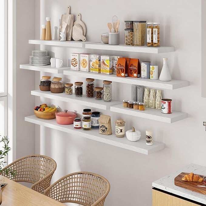 55 Inch Floating Shelves White, Rustic Wood Floating Shelf Wall Mounted, 9.3 Inch Deep Floating Shelf for Kitchen, Bedroom, 55 x 9.3 Wall Shelves for Home Storage, Set of 1