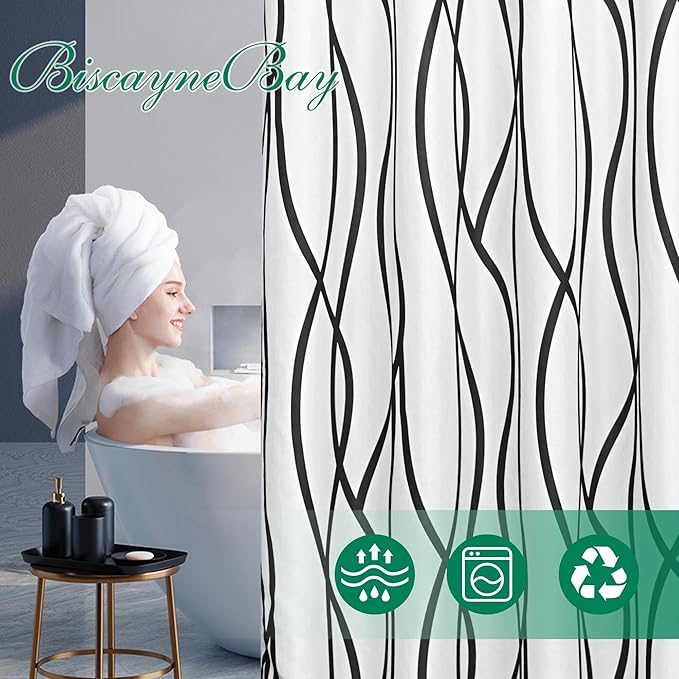 Biscaynebay Textured Fabric Shower Curtain 72 Inches by 72 Inches, Black Printed Striped Linen Modern Hotel Luxury Quality Cloth Bathroom Curtains Machine Washable