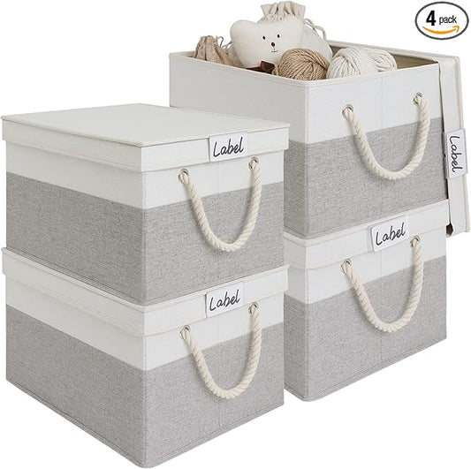 LoforHoney Home Fabric Storage Bins with Lids for Organizing, Foldable Closet Storage Boxes for Shelves, Clothes Baskets with Cotton Rope Handles, XLarge, Beige & Gray, 4-Pack