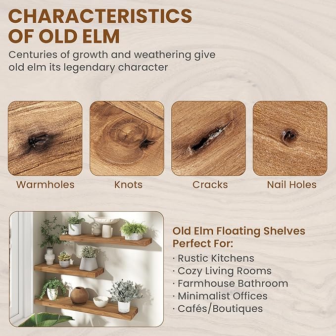 Rustic 30" Floating Shelves, Real Elm Wood Floating Shelf for Wall, Heavy-Duty Wall Shelves for Books, Wooden Floating Shelves with Invisible Bracket for Bathroom, Kitchen, Natural Color, Set of 2