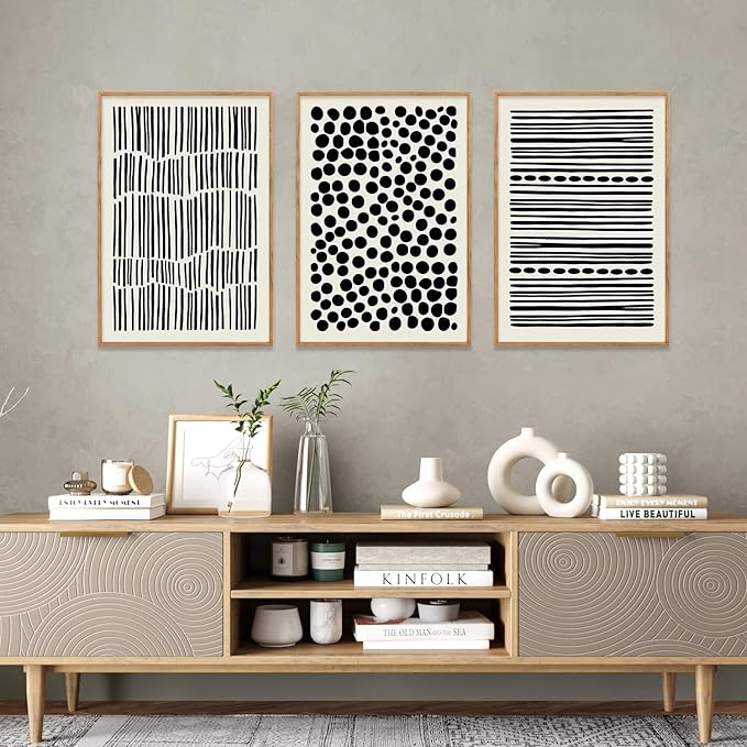 KAIRNE 3Pcs Black and White Boho Framed Canvas Wall Art Set, Minimalist Geometric Line Wall Decor, Abstract Black Wall Painting, Modern Neutral Art Print for Living Room, Bedroom, Kitchen 16x24inch
