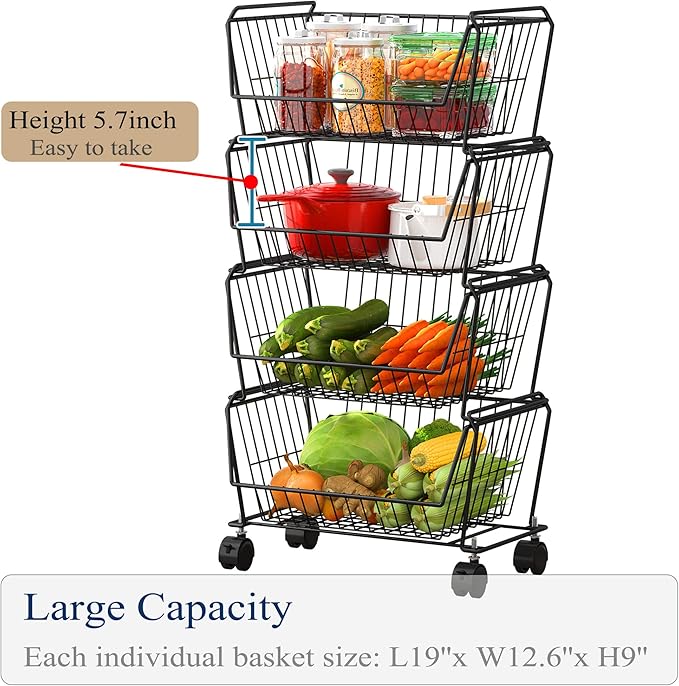 PUSDON 4-Tier Stackable Metal Storage Baskets, Anti-Rust Fruit Vegetable Rack, Dual Use Shelf for Kitchen, Home & Office, Black