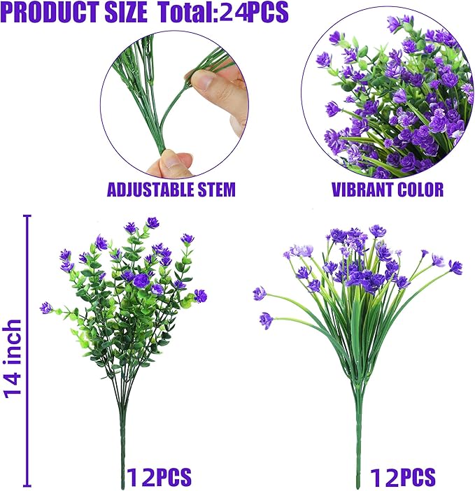 Sggvecsy Artificial Flowers for Outdoors 24 Bundles UV Resistant Boxwood Shrubs Artificial Eucalyptus Fake Plants Faux Plastic Greenery for Farmhouse Garden Home Indoor Outdoor Decoration（Purple）