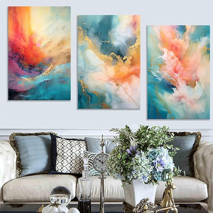 3 Piece Rendering Wall Decor Large Size Abstract Colorful Art Printed on Canvas Posters Painting Artwork for Living Room Office Picture Decoration Stretched and Framed [72''Wx 36''H]