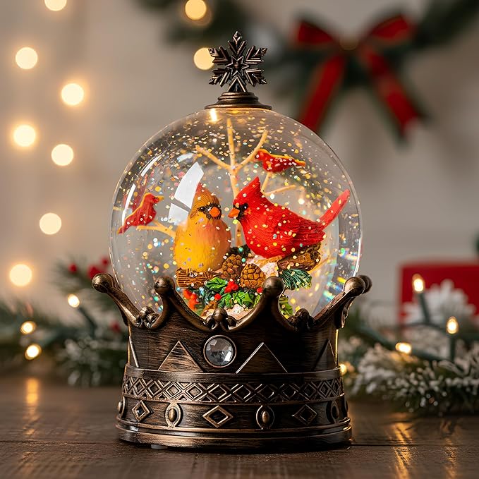 Christmas Snow Globe Lantern Water Glittering Cardinal Crown with Music, USB Lined/Battery Operated Lighted Lantern for Christmas Festival Decoration Gifts