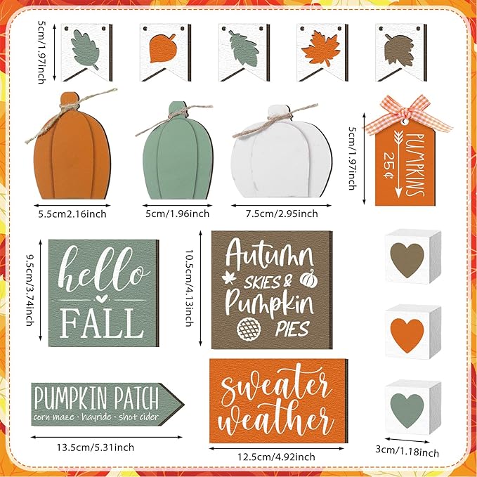 Sumind 15 Pcs Fall Tiered Tray Decor Set Fall Decorations for Home Autumn Wood Signs Thanksgiving Orange Brown Table Signs Farmhouse Wooden Maple Pumpkin Gnomes Tabletop for Festival(Heart)