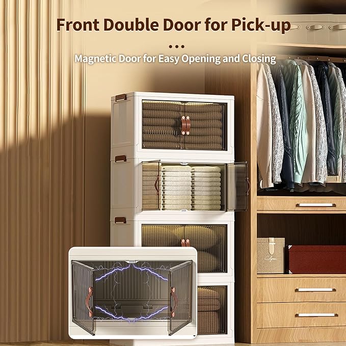 3-Tier Stackable Storage Bins with Lids & Open Front Design, Foldable Storage Bins with Wheels for Home Organization, Collapsible Space Saving Multi-Layer Organizer, 48QT