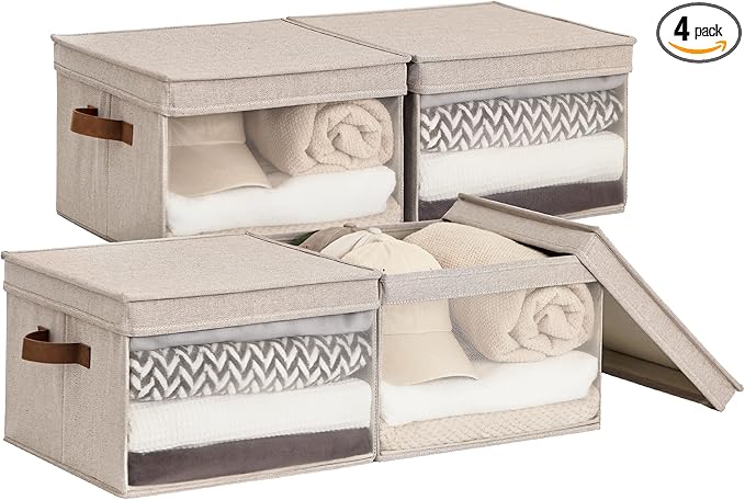 StorageWorks Storage Bins with Lid and Clear Window, Fabric Storage Boxes with Lids, Stackable Basket for Shelves, Closet Organizer and Storage Bins, Brown and Beige, Large, 4-Pack