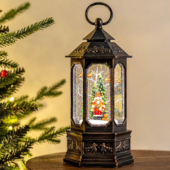 Christmas Snow Globe Nutcracker Lantern, Glitter Lighted Nutcracker & Bear with Music & Timer Water Lantern for Home Decoration and Gift, Battery Operated or USB Powered