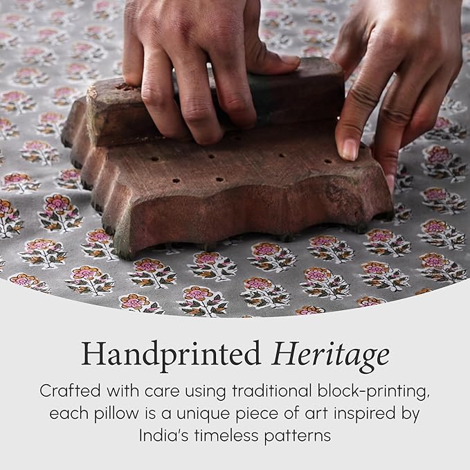 CPC 100% Cotton Throw Pillow Covers 20x20 Inch, Set of 2 Gray Block Print Pattern Couch Pillow, Cute Boho Decorative Pillows for Living Room, Bedroom with Hidden Zipper- Labra Gray