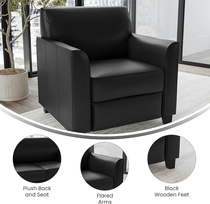 Flash Furniture Hercules Diplomat Series LeatherSoft Upholstered Side Reception Chair, Lobby Chair with Cushions and Flared Arms, Black