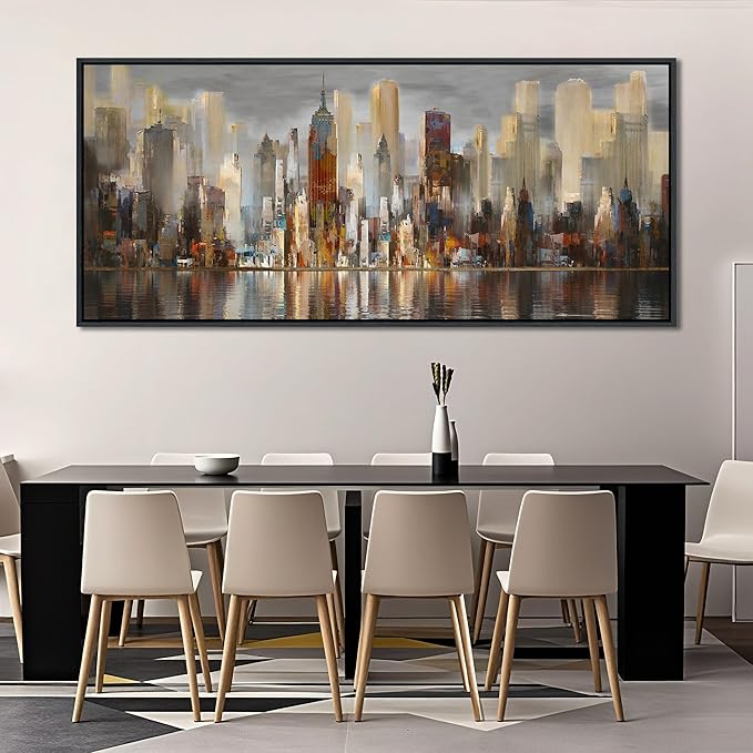 Framed Large Cityscape New York Wall Art Canvas Prints Abstract Brown City Theme Paintings Modern Canvas Wall Art for Living Room Pictures Wall Decor Bedroom Big Size 40x87