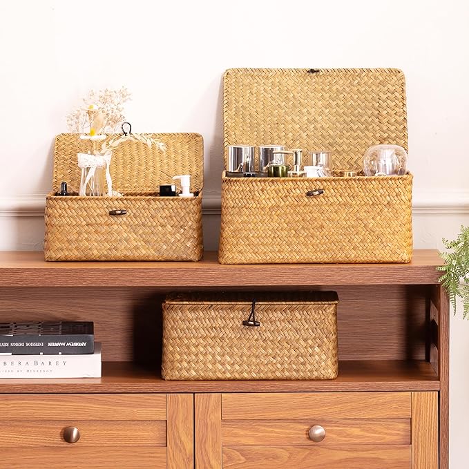 Nonam Handwoven Natural Seagrass Bin with Lid, Set of 3, Shelf Baskets Multipurpose Container for Boho Decoration, Rectangular Household Storage Boxes for Home Organization