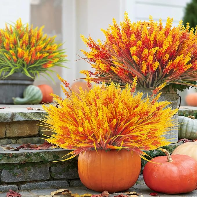 20 Bundles Artificial Plants Outdoor Fake Monkey Grass with Flowers (Fall Orange)