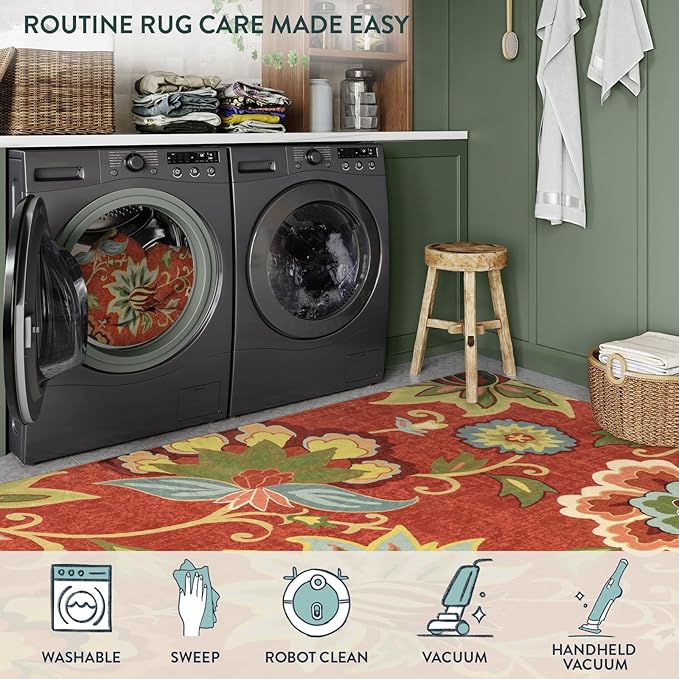 Lahome Floral Washable Rugs 5x7,Carpets for Living Room Non-Slip Lightweight Soft Bedroom Throw Low-Pile Large Area Rug for Dining Room, Kitchen, Entryway - Paisley Print Red Rugs for Office