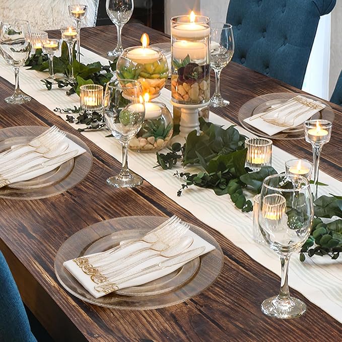 Goodluck 350 Piece Dinnerware Set for 50 Guests, Plastic Plates Disposable for Party, Include: 100 Gold Glitter Plastic Plates, 50 Paper Napkins, 50 Cups, 50 Gold Glitter Plastic Silverware Set