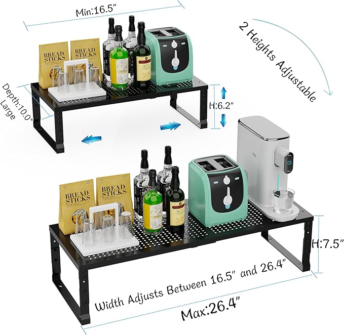 Expandable Spice Rack & Kitchen Cabinet Organizer - Stackable, Adjustable Shelves for Cabinets, Countertops, Cupboards & Pantries(2 Packs/Large/Black)