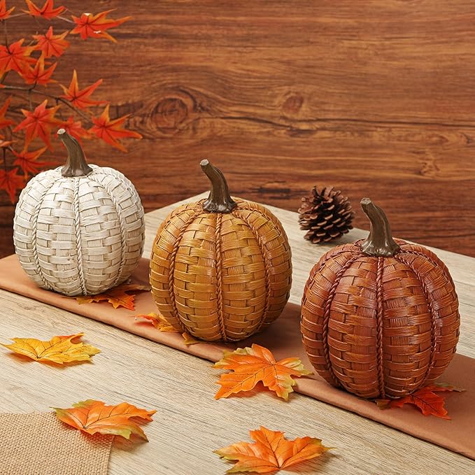 6 Inch Large Artificial Pumpkins, 3 Pcs Fall Pumpkin Decor Beige Orange Clay Brown Faux Resin Pumpkins Woven Pumpkin Centerpiece for Rustic Farmhouse Fall Thanksgiving Autumn Harvest Table Decor