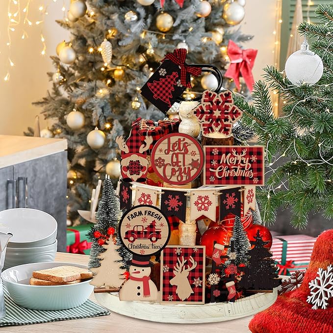 17 Pcs Christmas Tiered Tray Decor Set Winter Tiered Tray Decorations Farmhouse Tabletop Centerpiece Christmas Wooden 3D Sign for Xmas Home Buffalo Plaid Rustic Table Decoration(Retro)