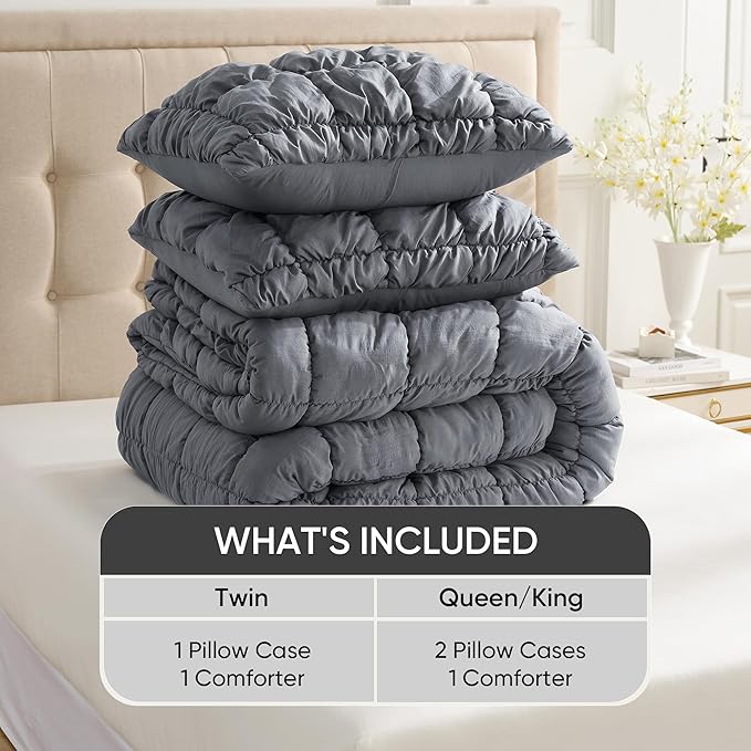 Amelie Home Grey Bubble Comforter Set Twin, 2 Pieces Ultra Soft Cozy Bedding Set for All Seasons, Farmhouse Luxury Gift for Women Home Decor, 68 x 90 inches